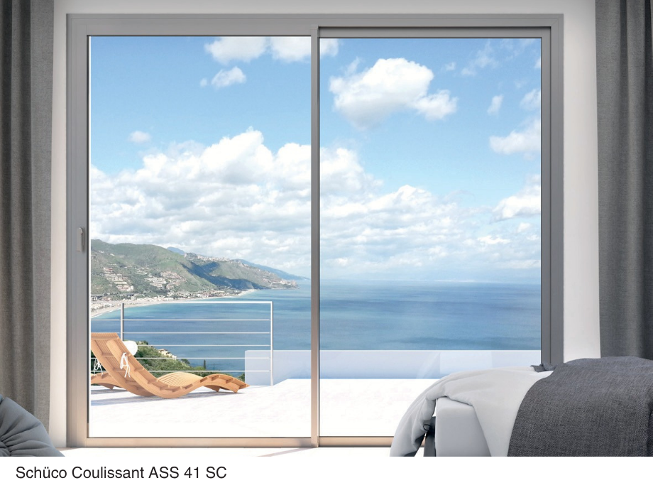 Baie coulissante aluminium Schüco ASS 41 SC — système compact fabriqué par GREMMEL Alsace