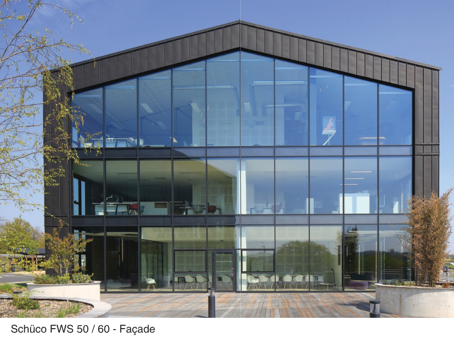 Façade coupe-feu aluminium Schüco FWS 50 FR 30 EI 30 certifiée EN 1364, fabriquée par GREMMEL Alsace