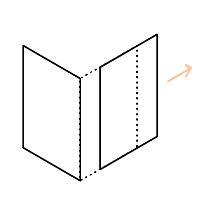 Menuiserie d'angle minimaliste à poteau embarqué — schéma d'ouverture